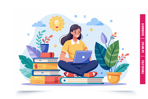 A woman sits cross-legged on a stack, an Illustration by Tanuart
