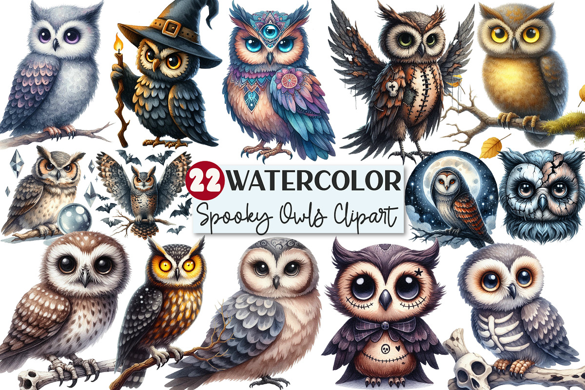 Watercolor Spooky Owls Clipart, an Illustration by Rose Art (Photo 1 of 7)