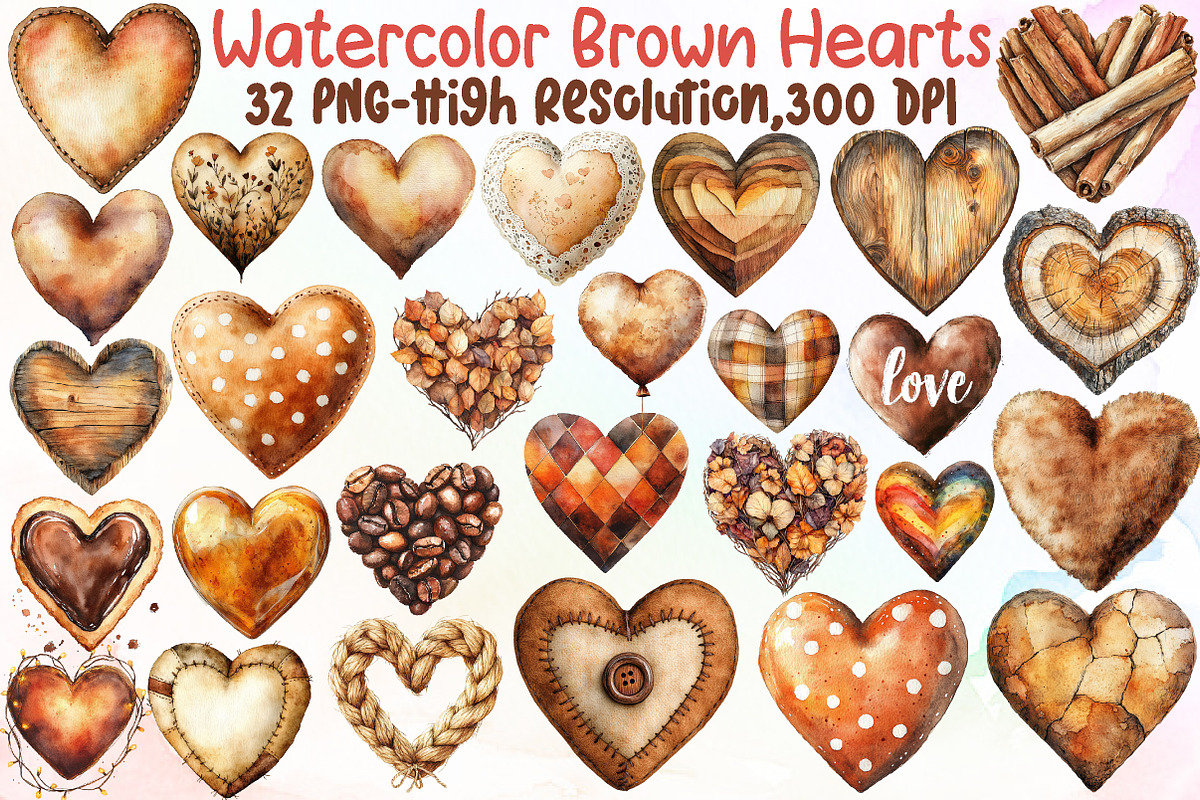 Watercolor Brown Hearts PNG Clipart, an Illustration by Sublimation Artist (Photo 1 of 6)