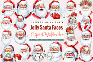 Watercolor Jolly Santa Faces Clipart, an Illustration by SVGArt