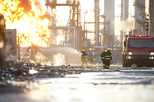 Industrial explosion sending debris, a Photo by Dvoevnore photos