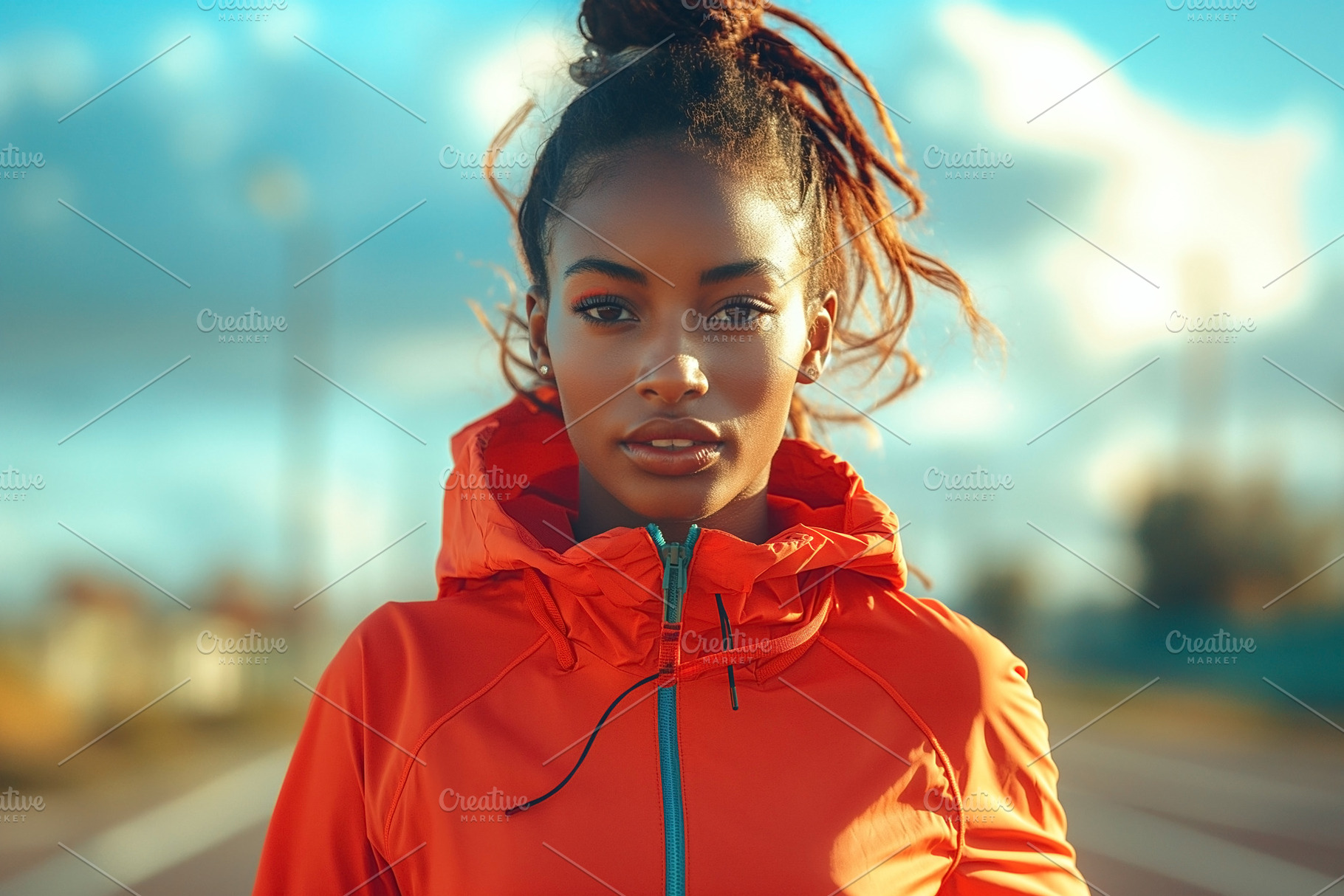 A young Black woman in an orange athletic jacket poses confident, a Sports & Recreation Photo by ImageMir