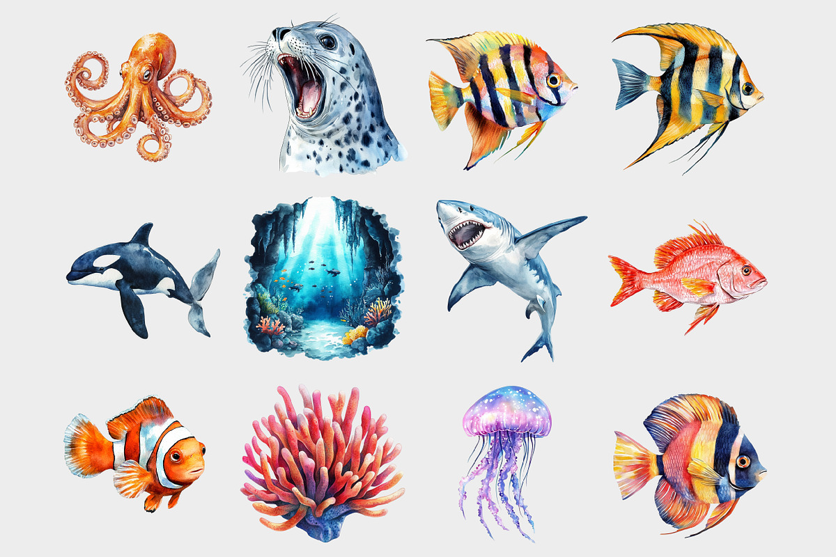 Watercolor Sea Animals Clipart, a Seasonal Illustration by Design Market (Photo 2 of 5)