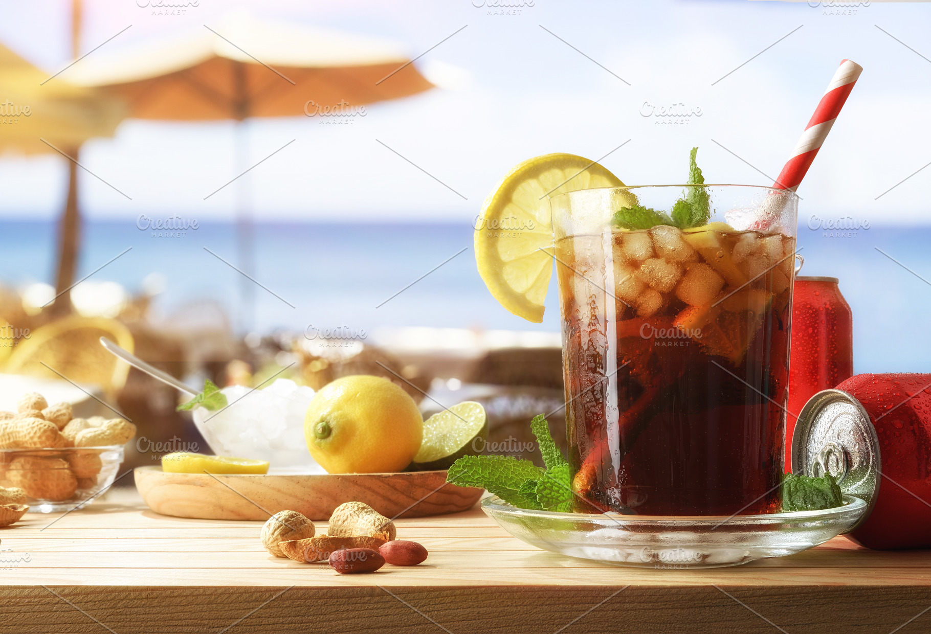 Cola soda on table with appetizers on beach bar, a Food & Drink Photo by Davizro's Market