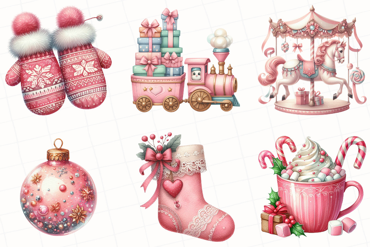 Watercolor Pink Christmas Clipart, an Illustration by OK Design (Photo 3 of 5)
