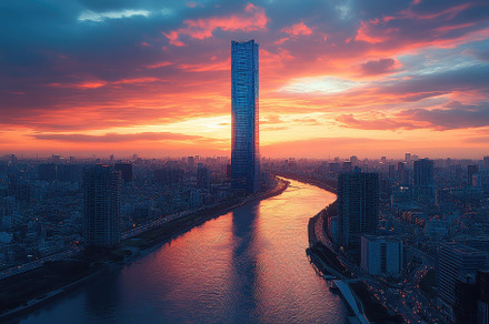 Majestic skyline at sunset with urba, a Photo by Tanuart