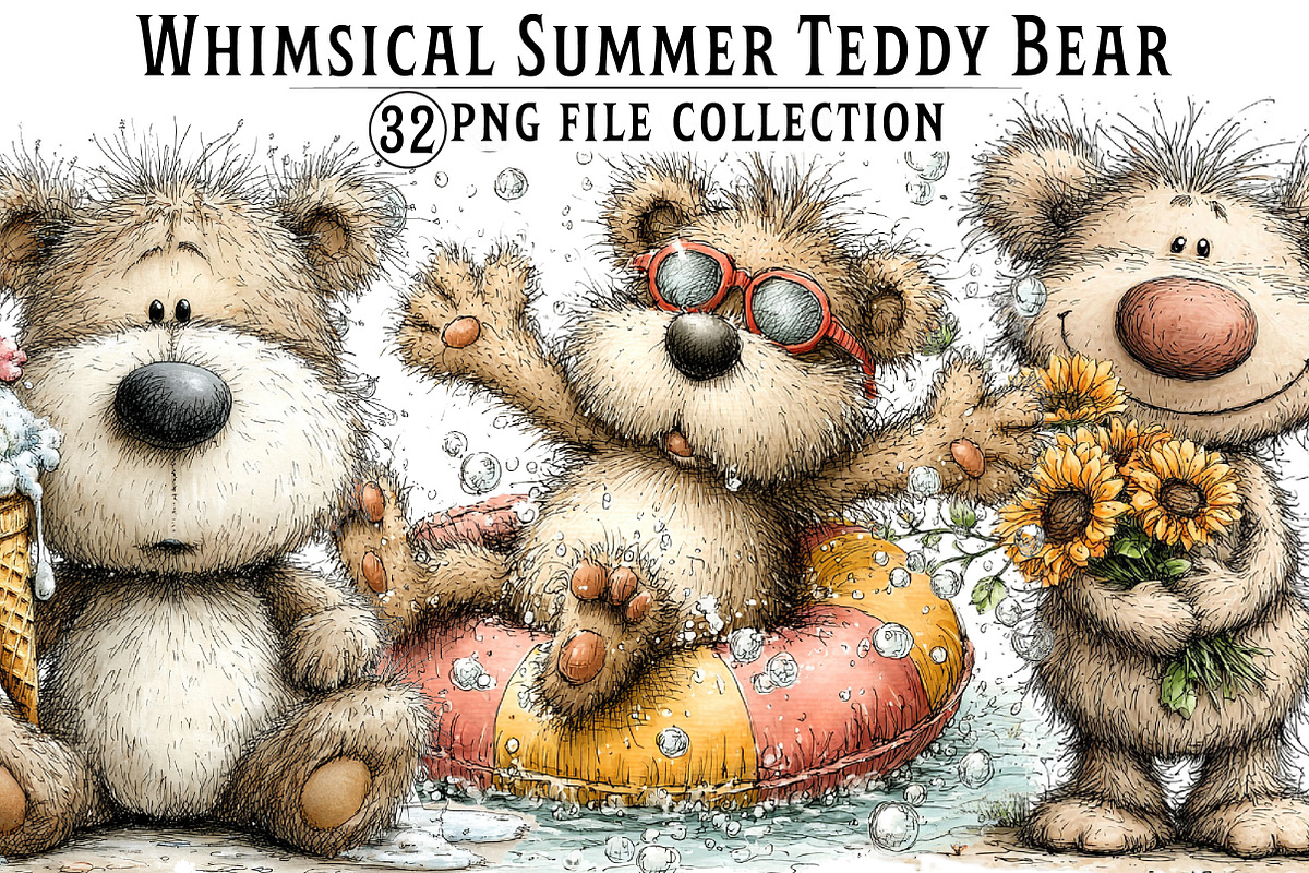 Whimsical Summer Teddy Bear Clipart, an Illustration by Dream Creation (Photo 1 of 7)
