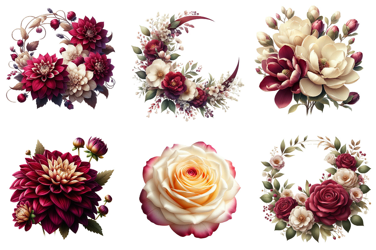 Burgundy & Ivory Floral Clipart, an Illustration by Dream Creation (Photo 5 of 7)
