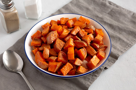 Homemade Roasted Sweet Potatoes on a Plate, side view., a Food & Drink Photo by LiudmylaChuhunova