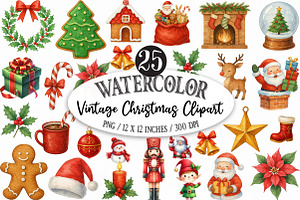 Vintage Christmas Watercolor Clipart, an Illustration by Designking
