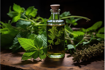 Transparent Nettle oil glass bottles, a Nature Photo by Ylivdesign