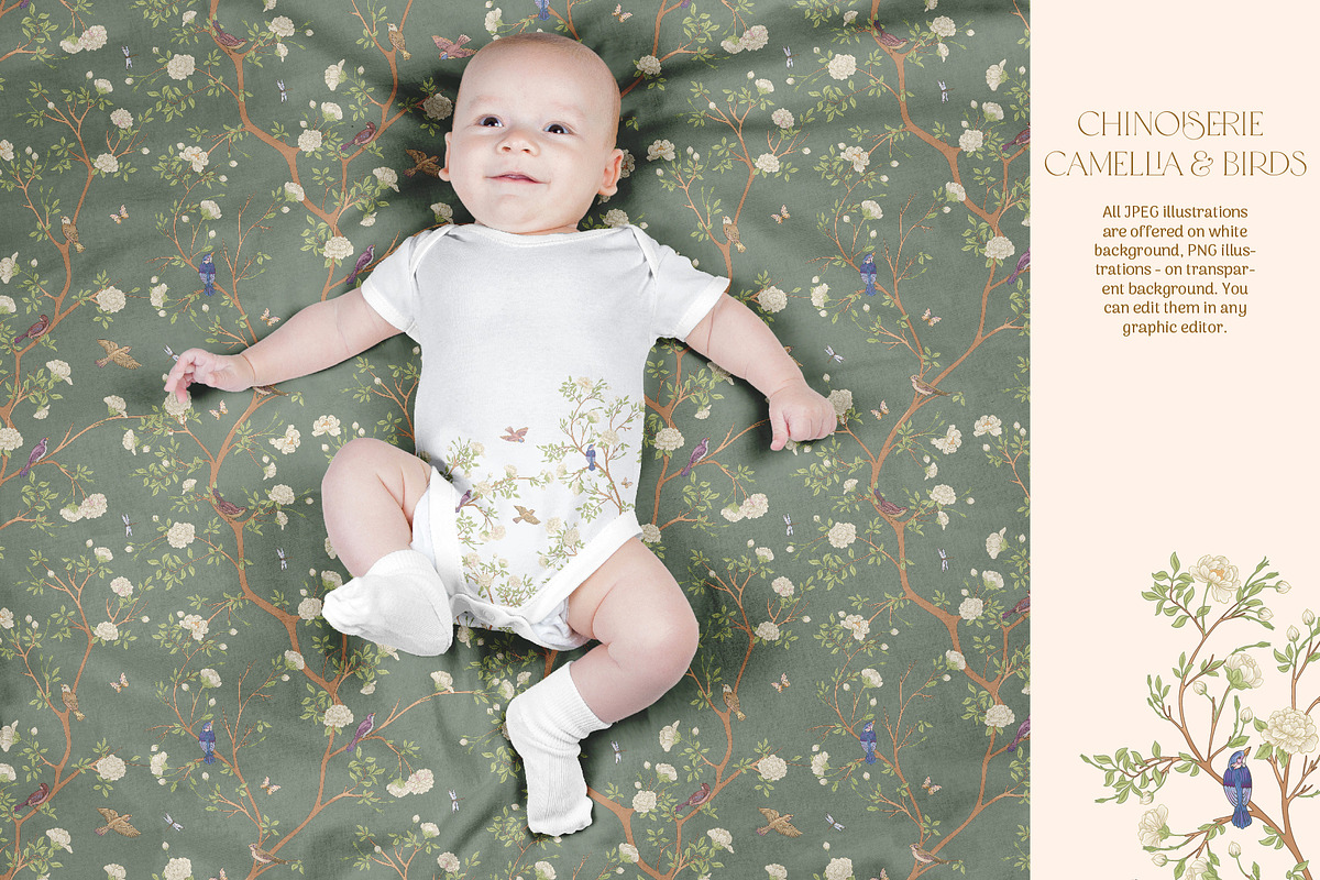 Chinoiserie Camellia & Birds, a Pattern Graphic by Elen-Lane (Photo 3 of 8)
