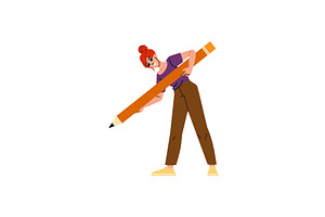 Female designer holding big pencil, an Illustration by pikepicture