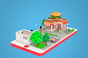 Low Poly Burger Cafe On Phone Screen