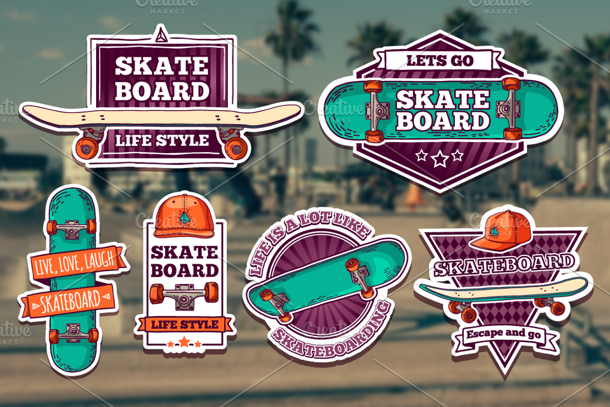 Set of colored skateboard badges, a Branding & Logo Template by Uniyok (Photo 3 of 4)