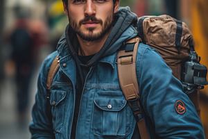 A young man online course producer stands on a city street, wearing a denim jac, a Person Photo by Textures & Backgrounds