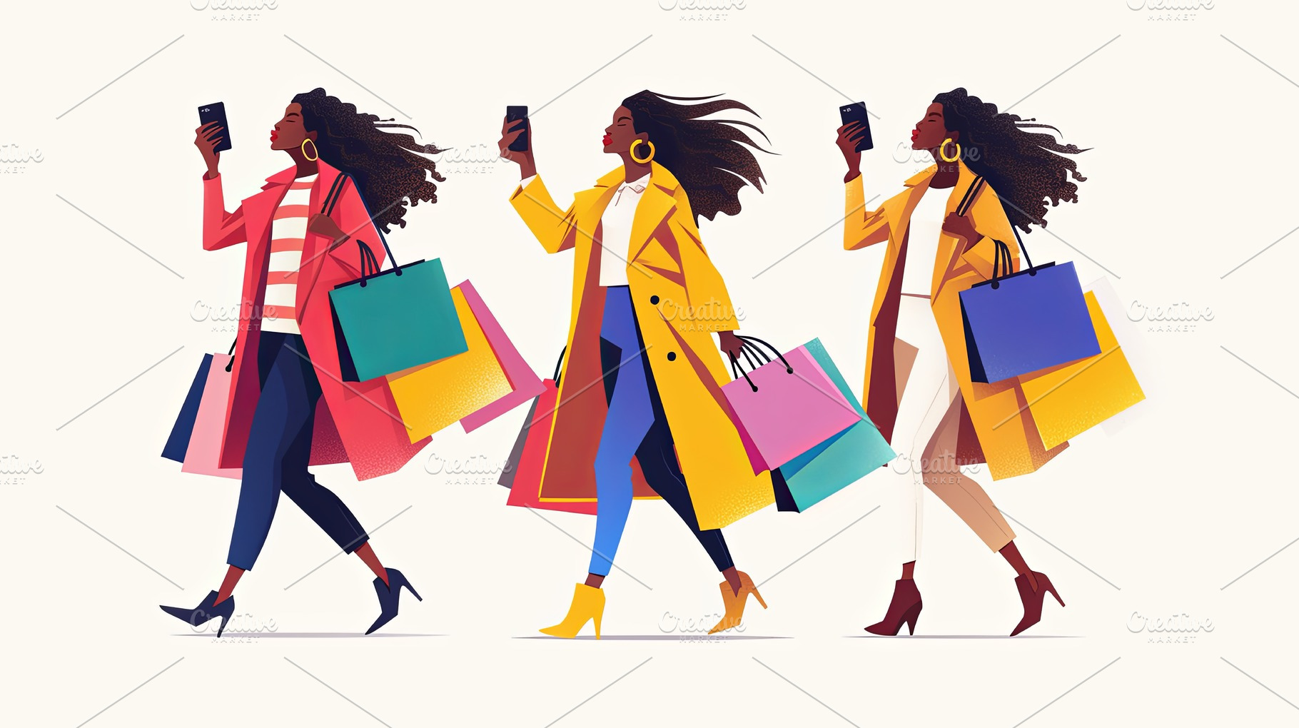 Three stylish women shopping with vibrant bags and modern fashion, a Photo by AS photostudio