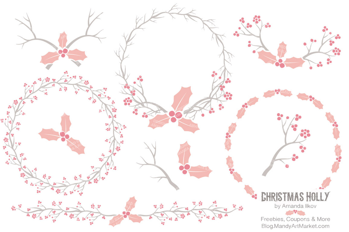 Soft Pink Christmas Holly Clipart, an Illustration by Amanda Ilkov (Photo 1 of 5)
