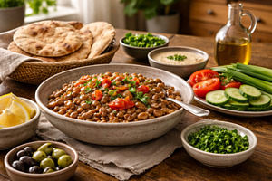 Egyptian cuisine features a spread o, a Photo by Dvoevnore photos