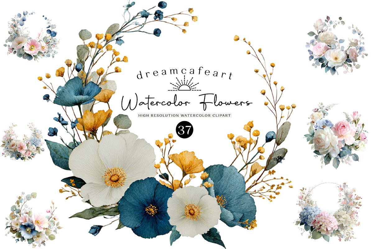 Watercolor Floral Vintage Wreath Set, an Illustration by DreamCafeArt (Photo 1 of 6)