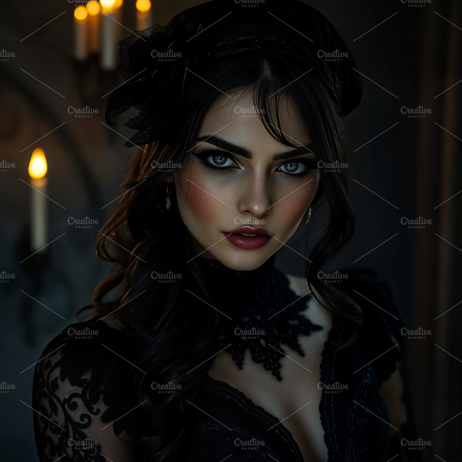 beautiful young goth woman with candles AI generated, a Photo by WorldOfPhotos