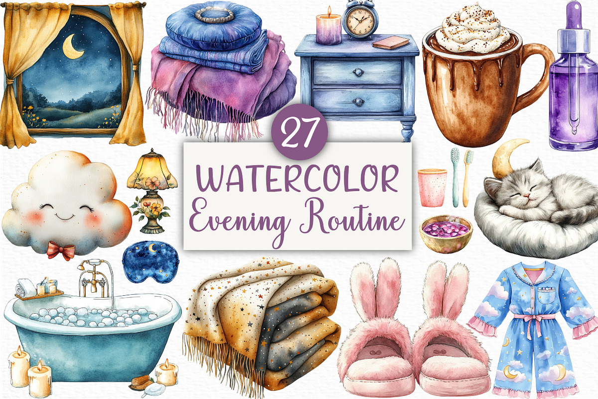 Watercolor Evening Routine Clipart, an Illustration by Craft Nest (Photo 1 of 6)