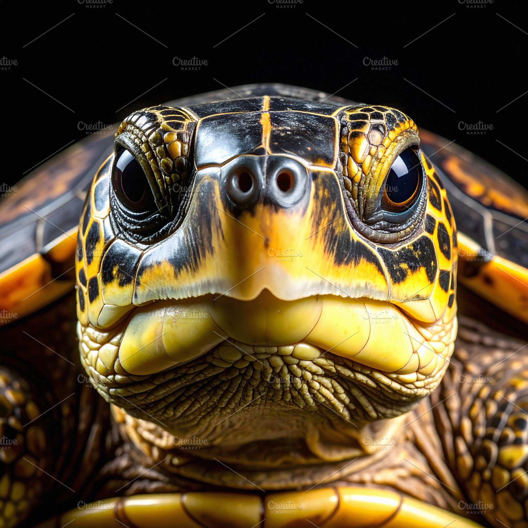 Close-up portrait of a turtle with golden patterned shell, an Animal Photo by GoodGoods