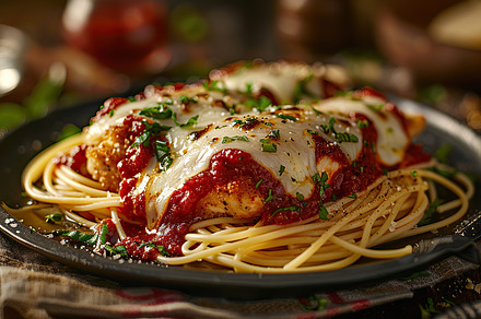 A sumptuous plate of chicken parmesa, a Photo by LOGOCREATIVE
