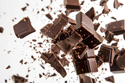 Pieces of black chocolate falling on white background, a Food & Drink Photo by AlyaAnd