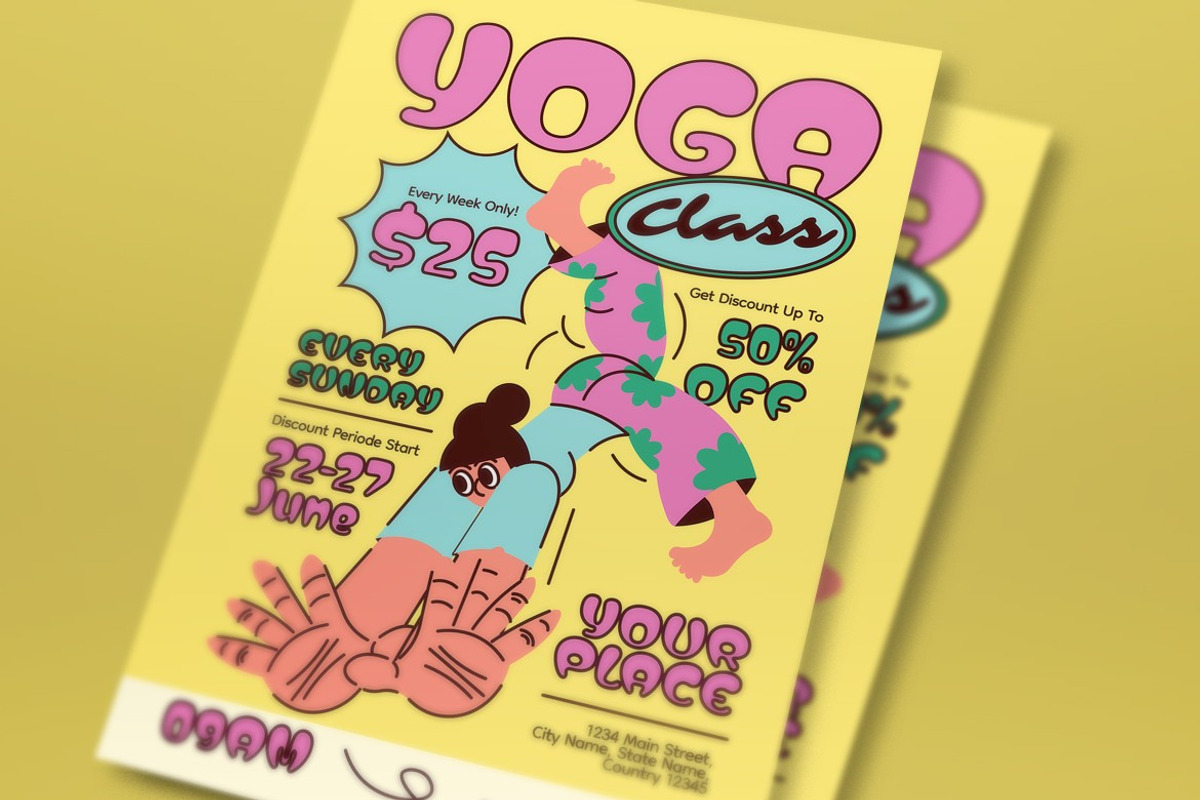Yellow Quirky Yoga Class Flyer Set, a Flyer Template by graphicook (Photo 2 of 3)