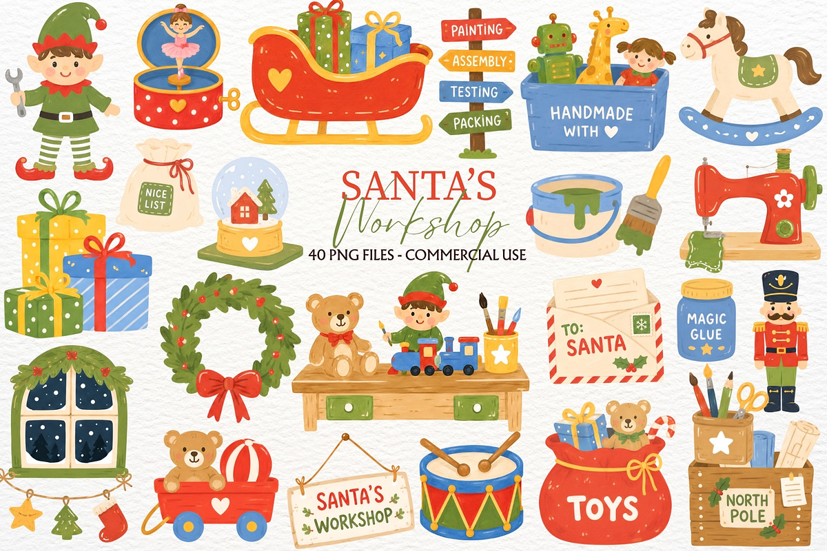 Santa's Workshop Clipart Christmas, a Seasonal Illustration by SugarCloudStudioArt (Photo 1 of 6)
