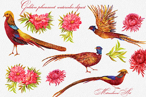 Pheasants, Birds And Flowers