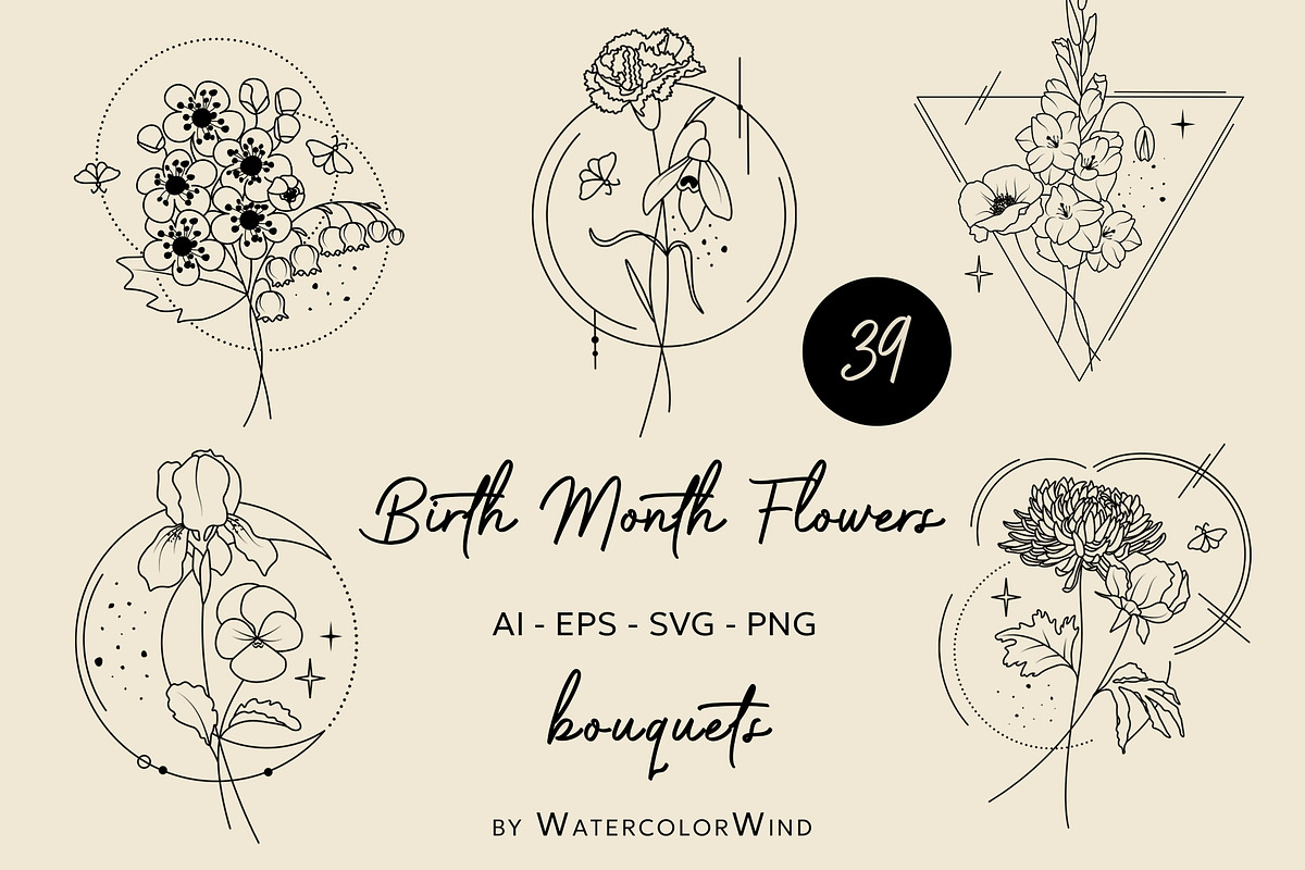 Birth Month Flower Line Bouquets, a Decorative Illustration by WatercolorWind (Photo 1 of 7)