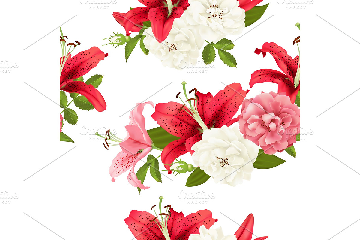 pink Rose and lily seamless pattern Vector, a Decorative Illustration by irska