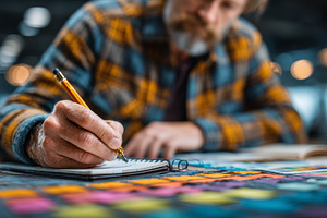 Person writing in a notebook amidst creative tools and colorful plans, a Person Photo by AS photostudio