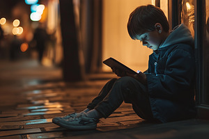 Young boy sits alone on a city, a Photo by MistyDay