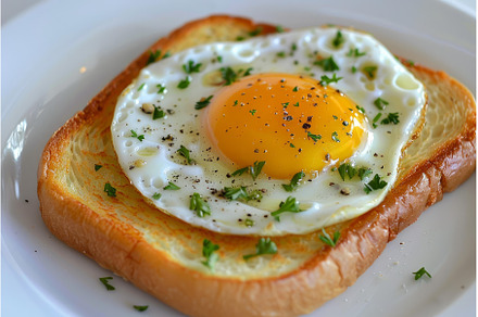 Fried egg on toast garnished with, a Food & Drink Photo by Ylivdesign