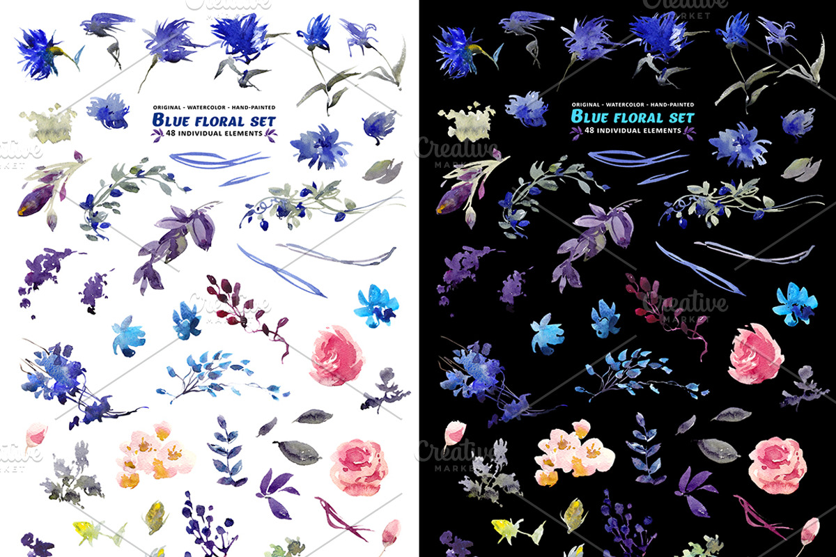 Blue floral watercolor set, a Decorative Illustration by Tamaretto (Photo 6 of 9)