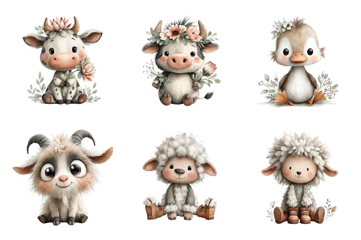 Watercolor cute animals farm clipart, an Illustration by SinaCreation (Photo 2 of 10)