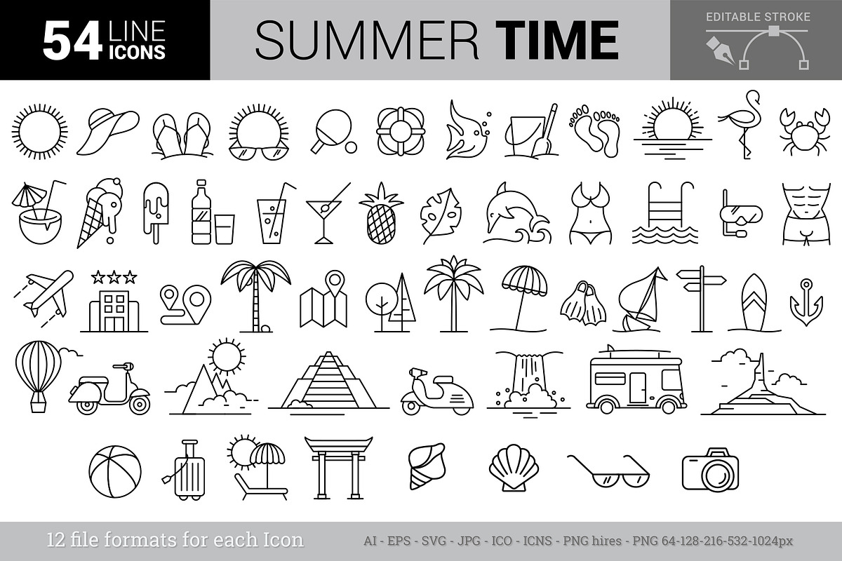Summer Vacations Line Icon Set, an Outline Icon by FourLeafLover (Photo 1 of 3)