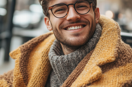 A young man with glasses and a warm smile, wearing a cozy sweater and a large k, a Person Photo by Textures & Backgrounds