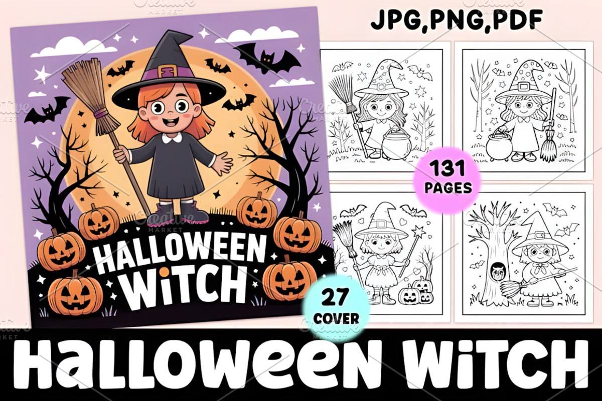 Halloween Witch Coloring Pages, a Seasonal Illustration by Coco Bloom (Photo 1 of 3)