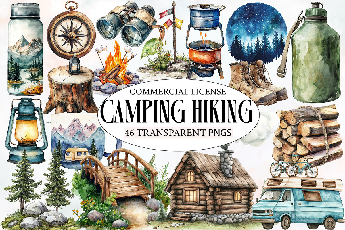 Watercolor Camping Hiking Clip Art, an Illustration by Designworld (Photo 1 of 6)