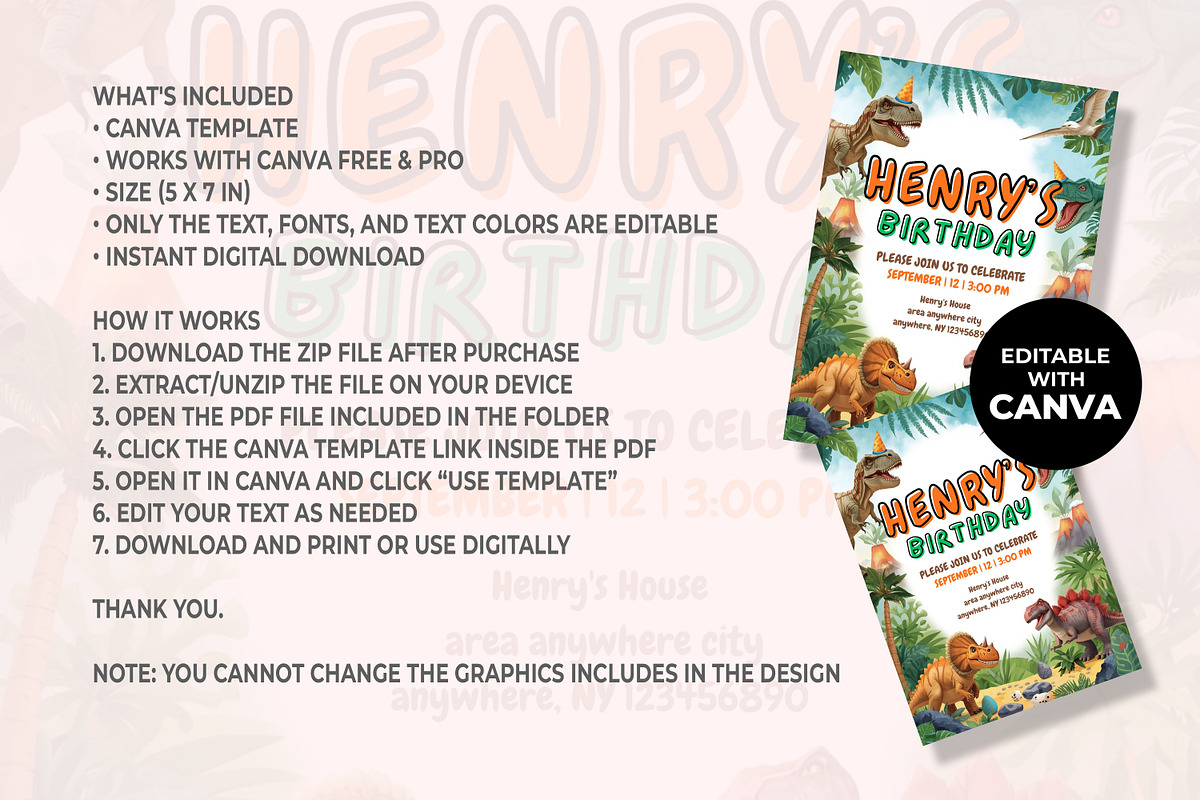 Dinosaur Birthday Canva Invitation, an Invitation Template by M9 Design (Photo 4 of 4)