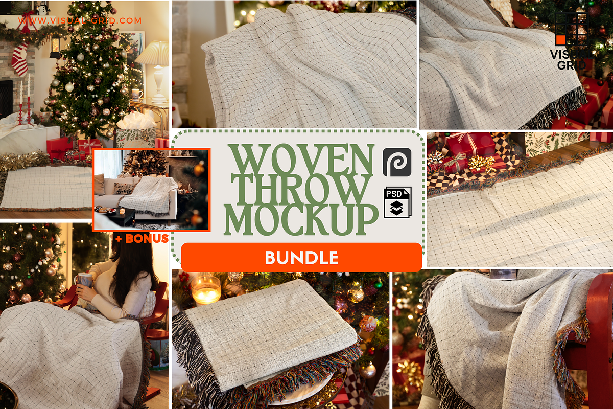 Woven Throw Blanket Mockup Bundle, a Household Mockup by VisualGrid (Photo 1 of 10)