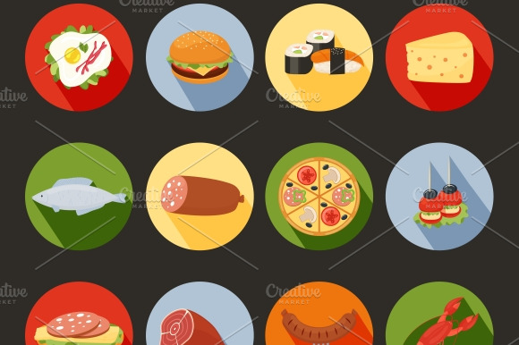 Food Icons On Colorful Rounds