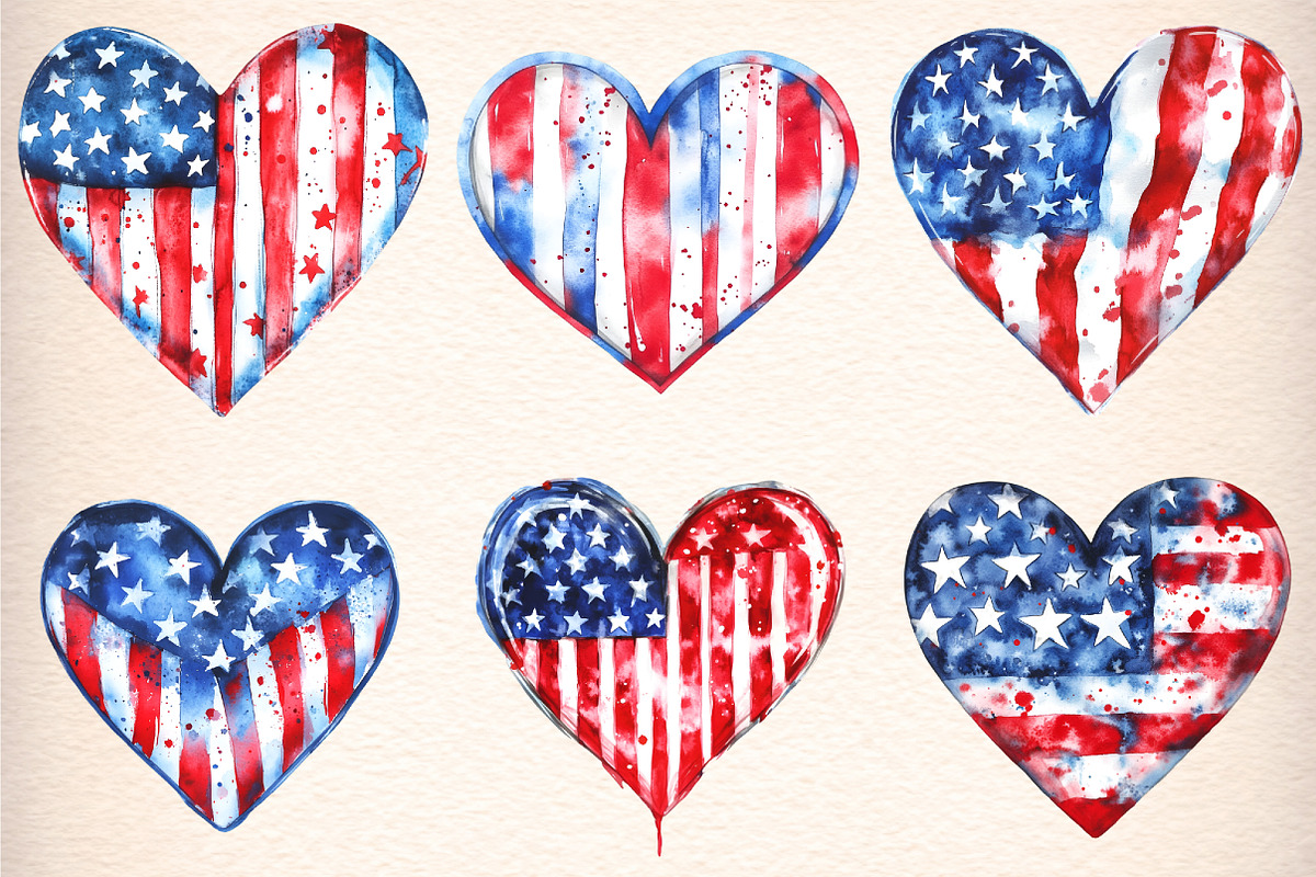 Watercolor Patriotic Hearts Clipart, an Illustration by Digital Artistic99 (Photo 3 of 9)