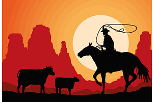 Cowboy With Cows Silhouette