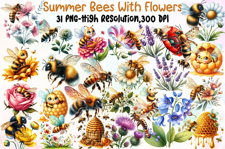 Summer Bees With Flowers Clipart, an Illustration by Sublimation Artist