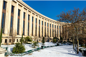 Palais de Chaillot facade and snow covered Trocadero gardens in Paris, an Architecture Photo by Leonid Andronov